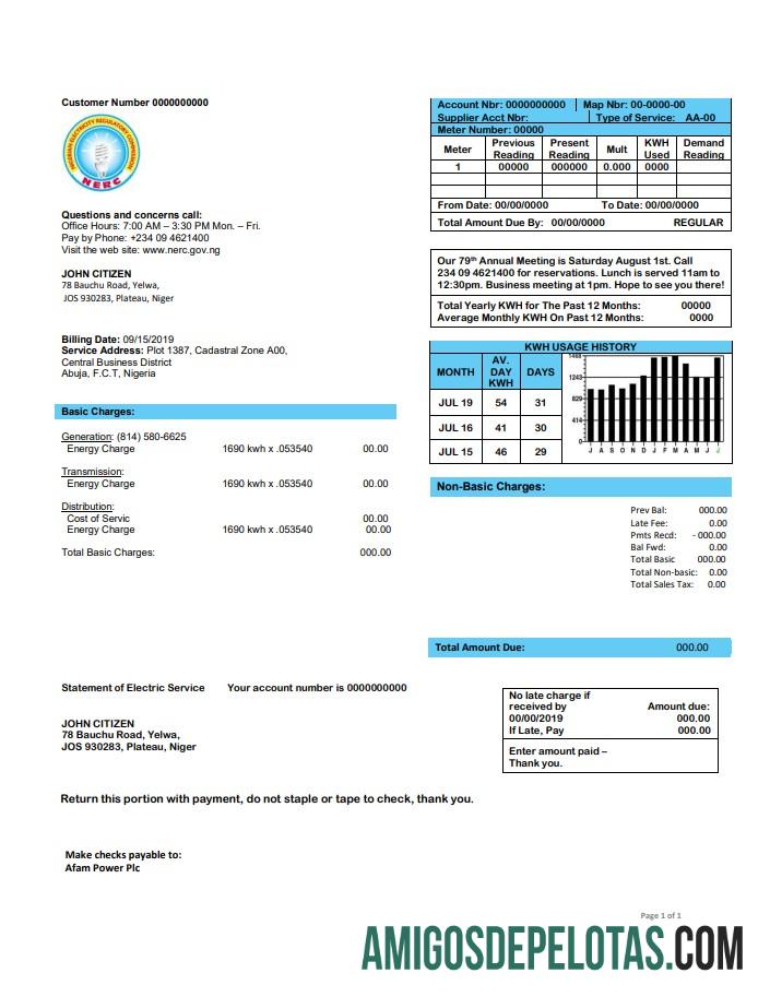 Em branco Nigéria Comissão Reguladora de Eletricidade da Nigéria Modelo de conta de serviços públicos de eletricidade em formato Word e PDF